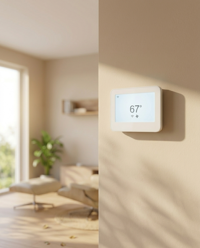 thermostat thermostat on a wall in a sunlit room