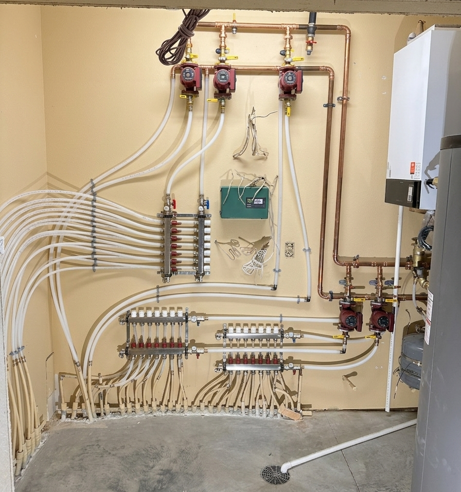 Services Gas boiler with in-floor heat tubing installed on interior wall