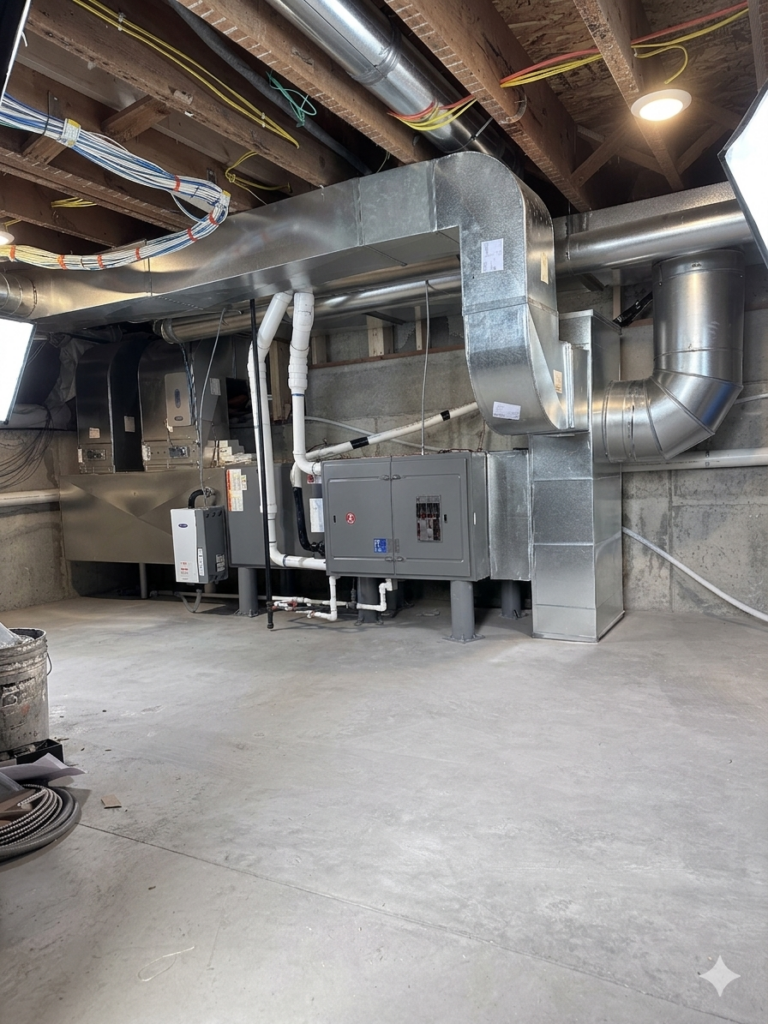 residential furnace with ducting and plumbing