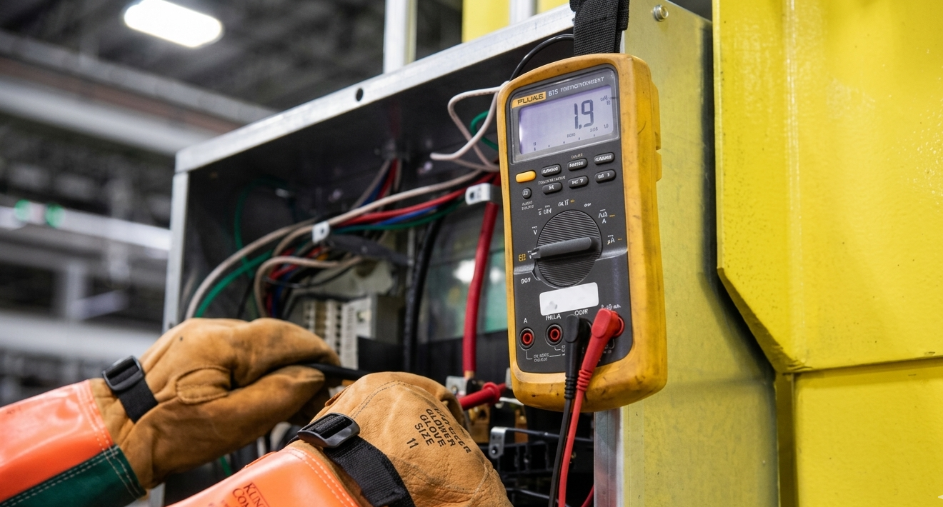 Electrician testing electrical circuits with an industrial digital multimeter
