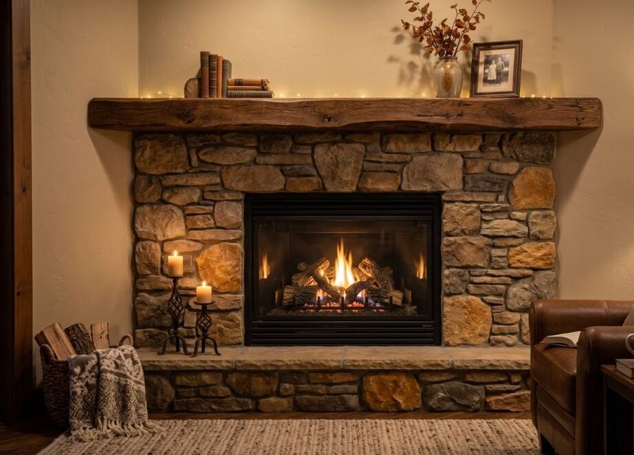 Stone fireplace with a wood mantel and a lit gas fire in a cozy living room.