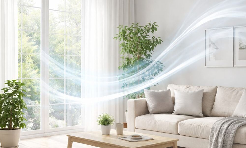 Bright living room with airflow graphic illustrating indoor air circulation and comfort.